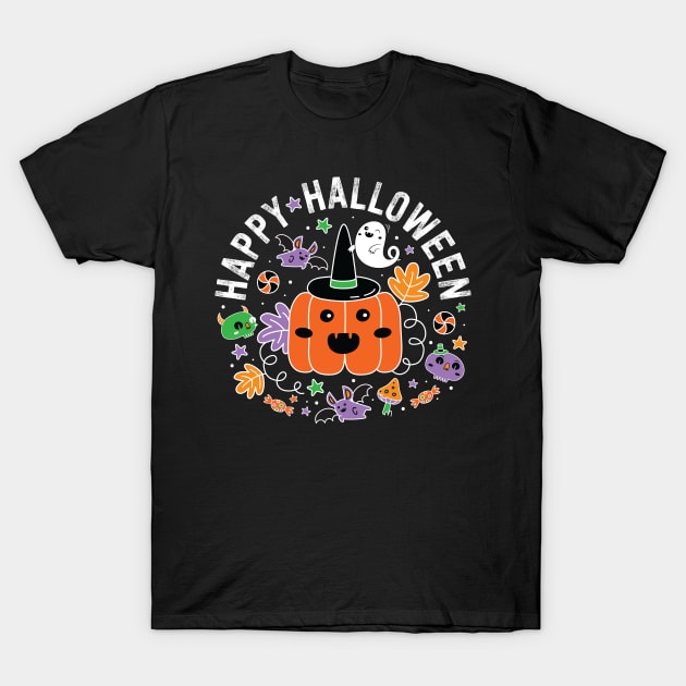 Spooky Cute Kawaii Halloween Pumpkin Bat Ghost T-Shirt by August Design